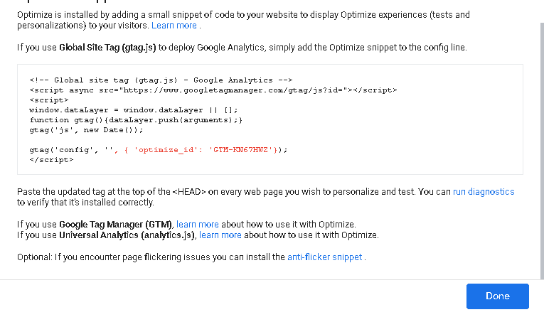 کد ارسال برای شروع گوگل آپتیمایز