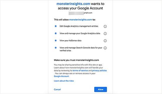 دسترسی حساب Google Analytics به MonsterInsights 