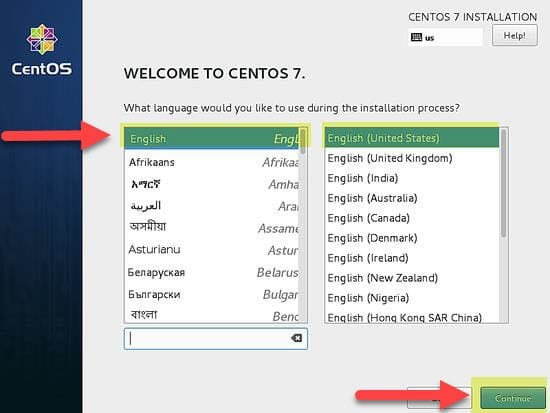 انتخاب زبان در زمان نصب centos