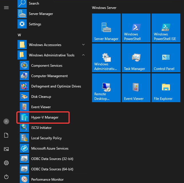 منوی Start بخش Windows Administrative Tools می‌توانید Hyper-V Manager را پیدا کنید