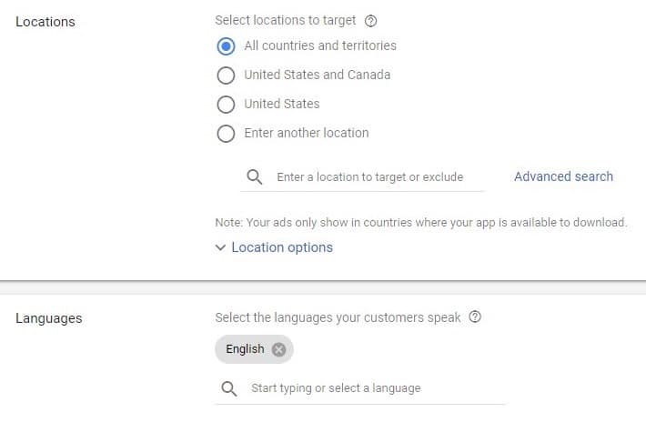 انتخاب زبان و مکان در کمپین Universal App در گوگل ادز