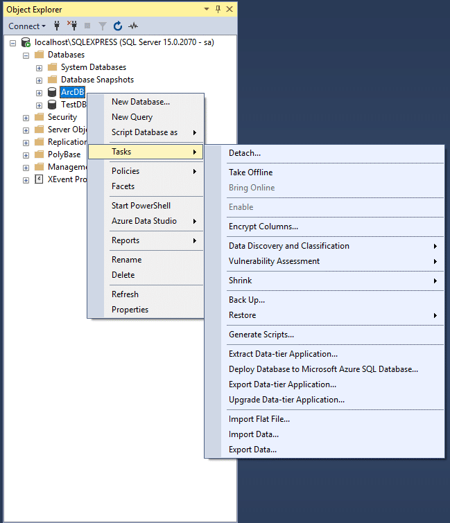 در Object Explorer ، می‌توانید تنظیمات مختلف SQL Server و دیتابیس ایجاد شده را انجام دهید