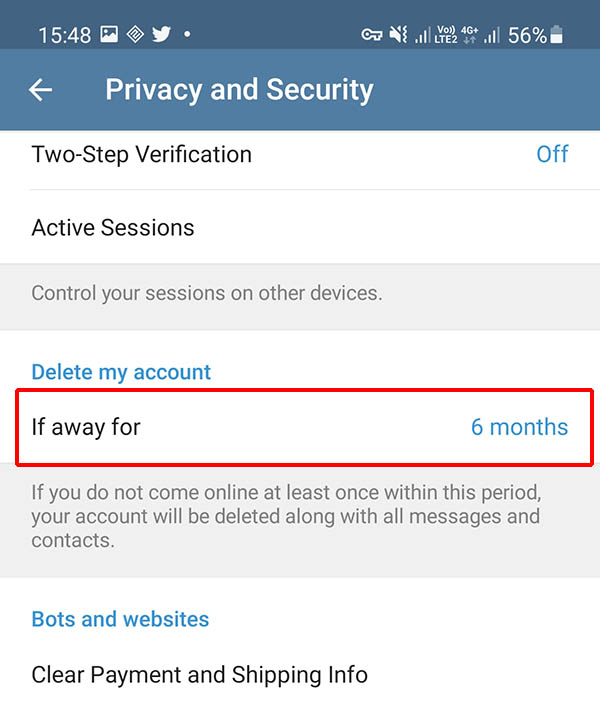 تعیین زمان برای پاک کردن خودکار اکانت تلگرام