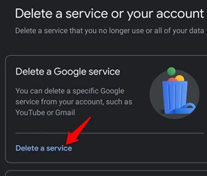 انتخاب گزینه Delete a service برای حذف کانال یوتیوب